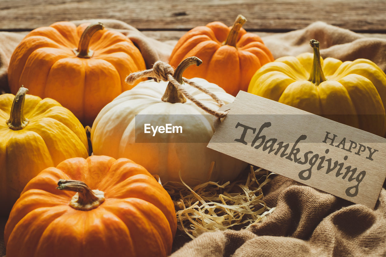 High angle view of pumpkins on table during autumn