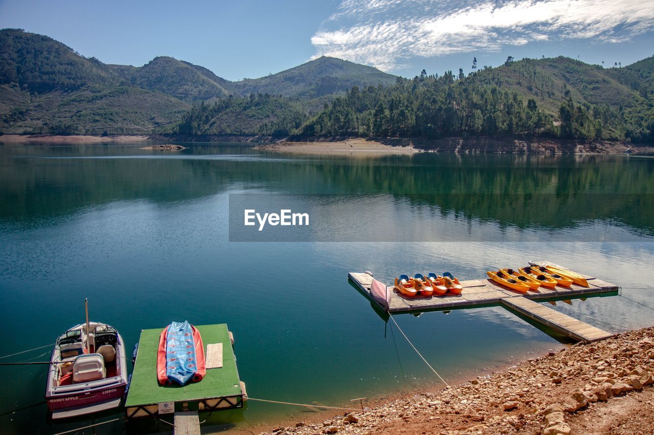 Scenic view of lake by mountains against sky