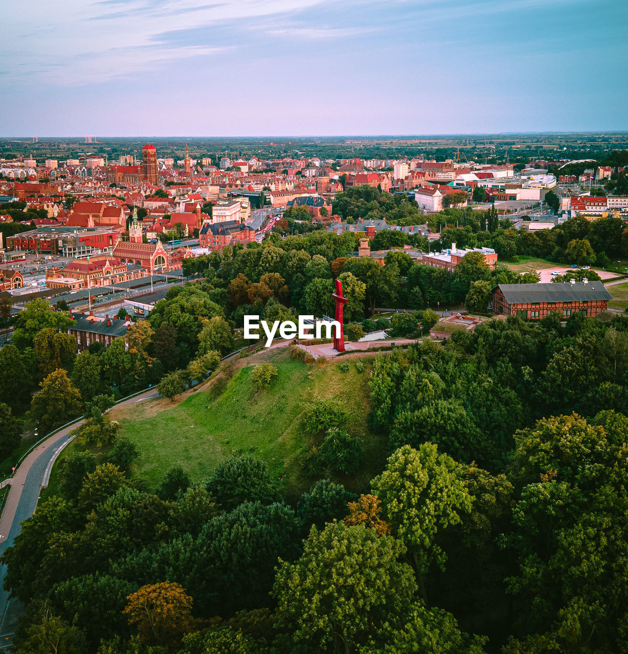 high angle view of townscape against sky during sunset