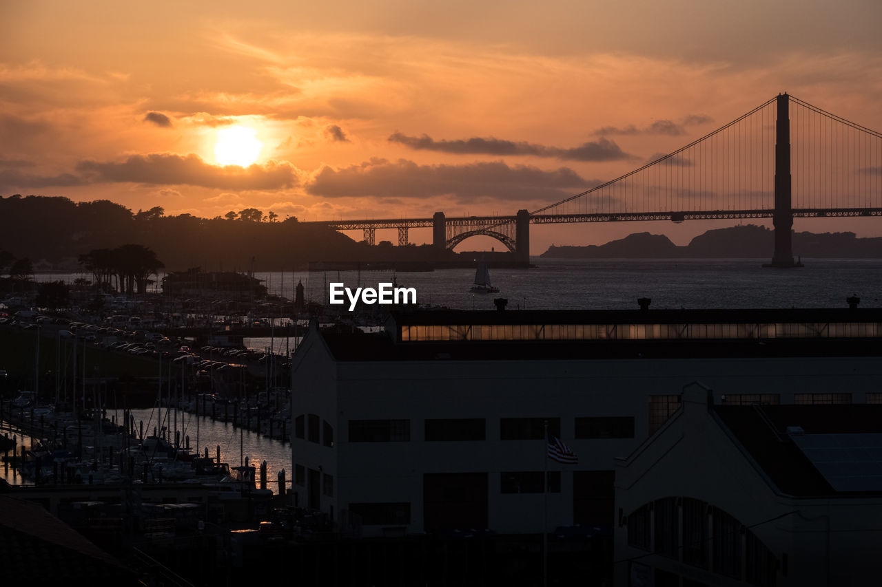 VIEW OF SUSPENSION BRIDGE OVER SEA AGAINST SUNSET SKY