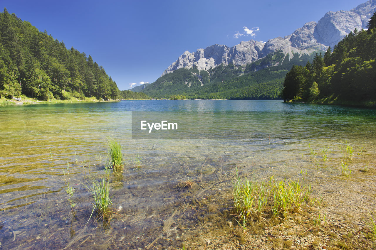 Scenic view of lake and mountains against sky