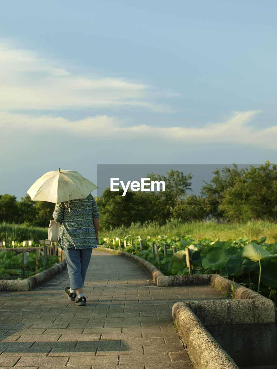 Rear view of man walking on footpath against sky