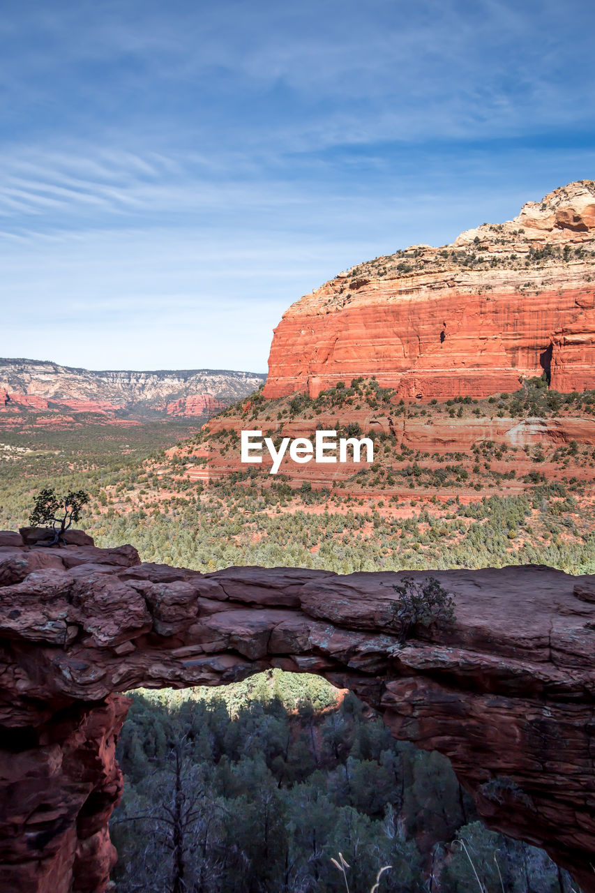 Rock formations on landscape against cloudy sky