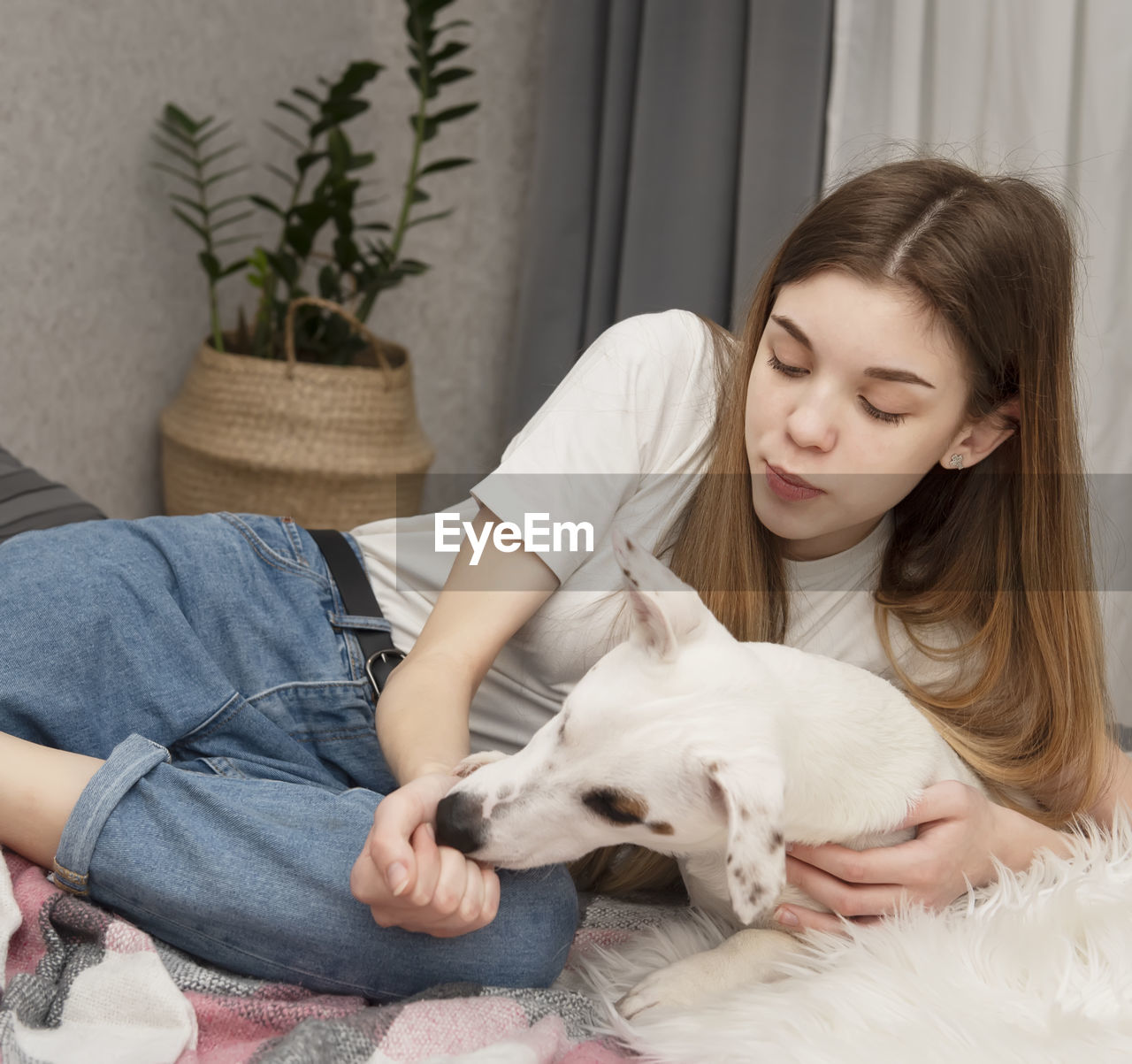 Girl playing with dog on bed at home