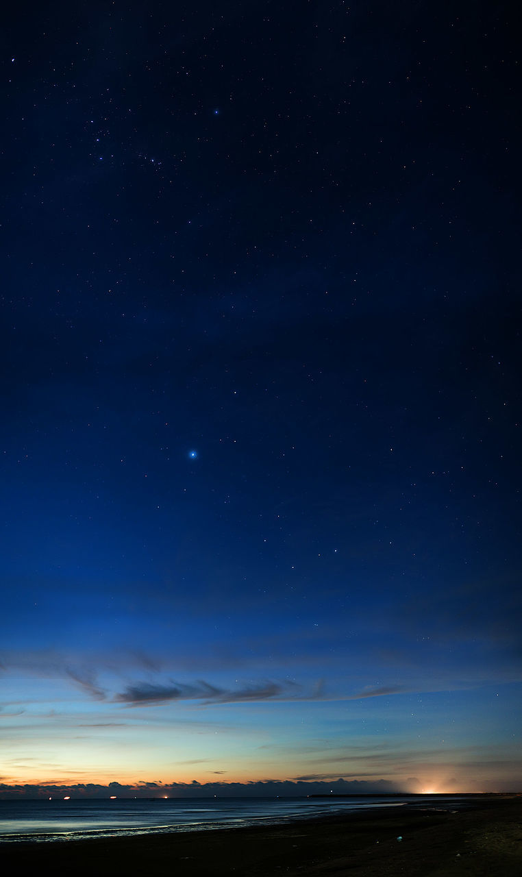 Scenic view of beach against starry sky