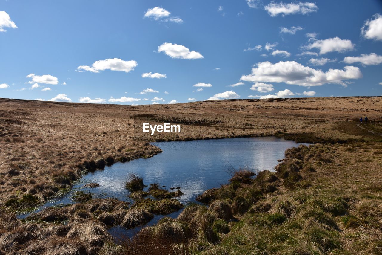 Scenic view of lake in moorland against blue sky