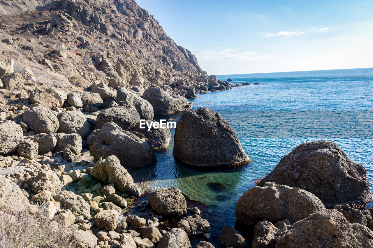 Rocks in sea against sky