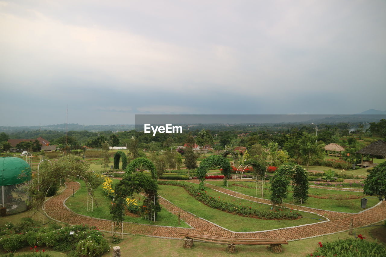 HIGH ANGLE VIEW OF GREEN LANDSCAPE AGAINST SKY