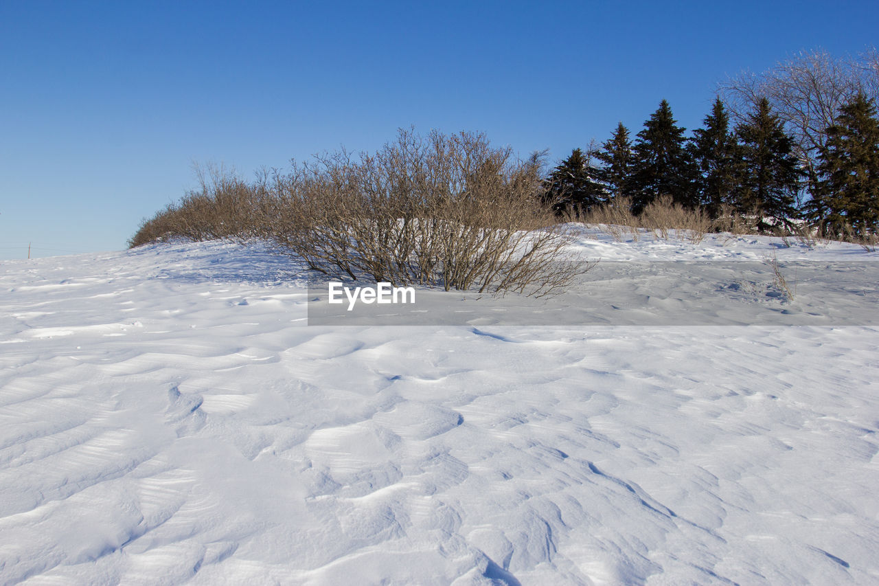 SNOW COVERED LAND AGAINST BLUE SKY