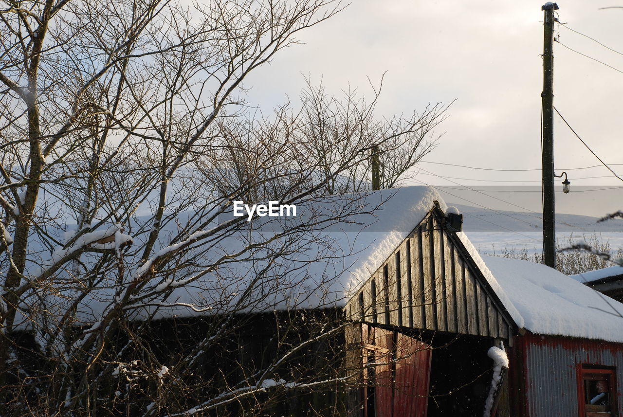 SNOW COVERED HOUSE AGAINST SKY