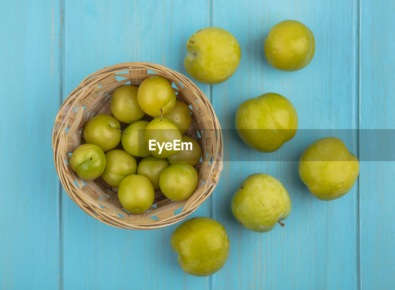 food, food and drink, healthy eating, fruit, plant, wellbeing, freshness, citrus, produce, citrus fruit, studio shot, wood, yellow, no people, blue, container, lemon, indoors, high angle view, directly above, blue background, still life, bowl, green, large group of objects, colored background