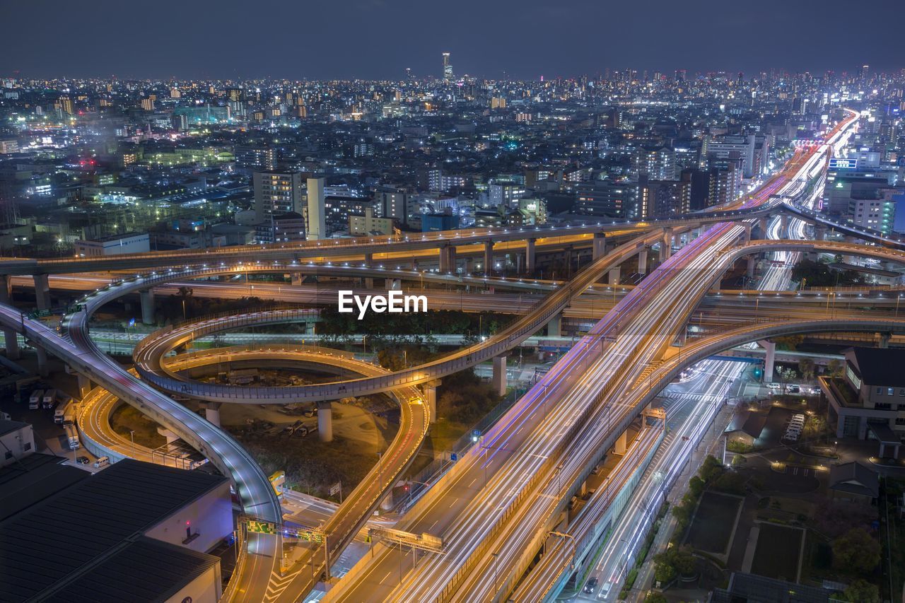 High angle view of illuminated city at night