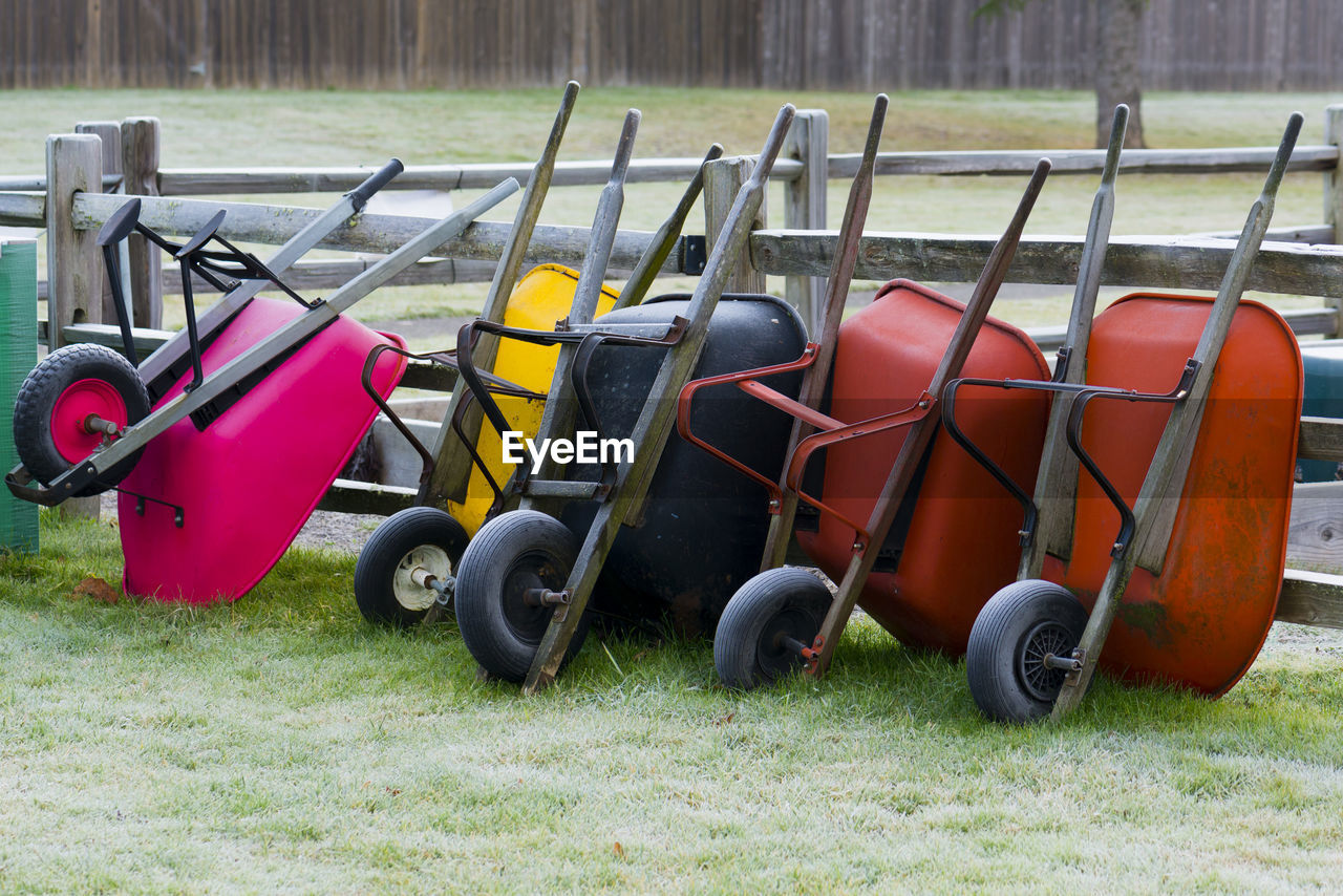 Colorful wheelbarrows on grassy field