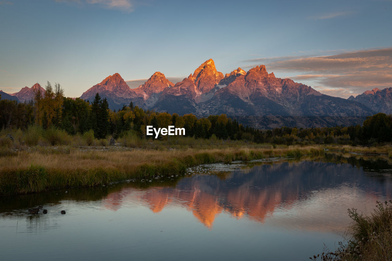 Scenic view of lake and mountains against sky