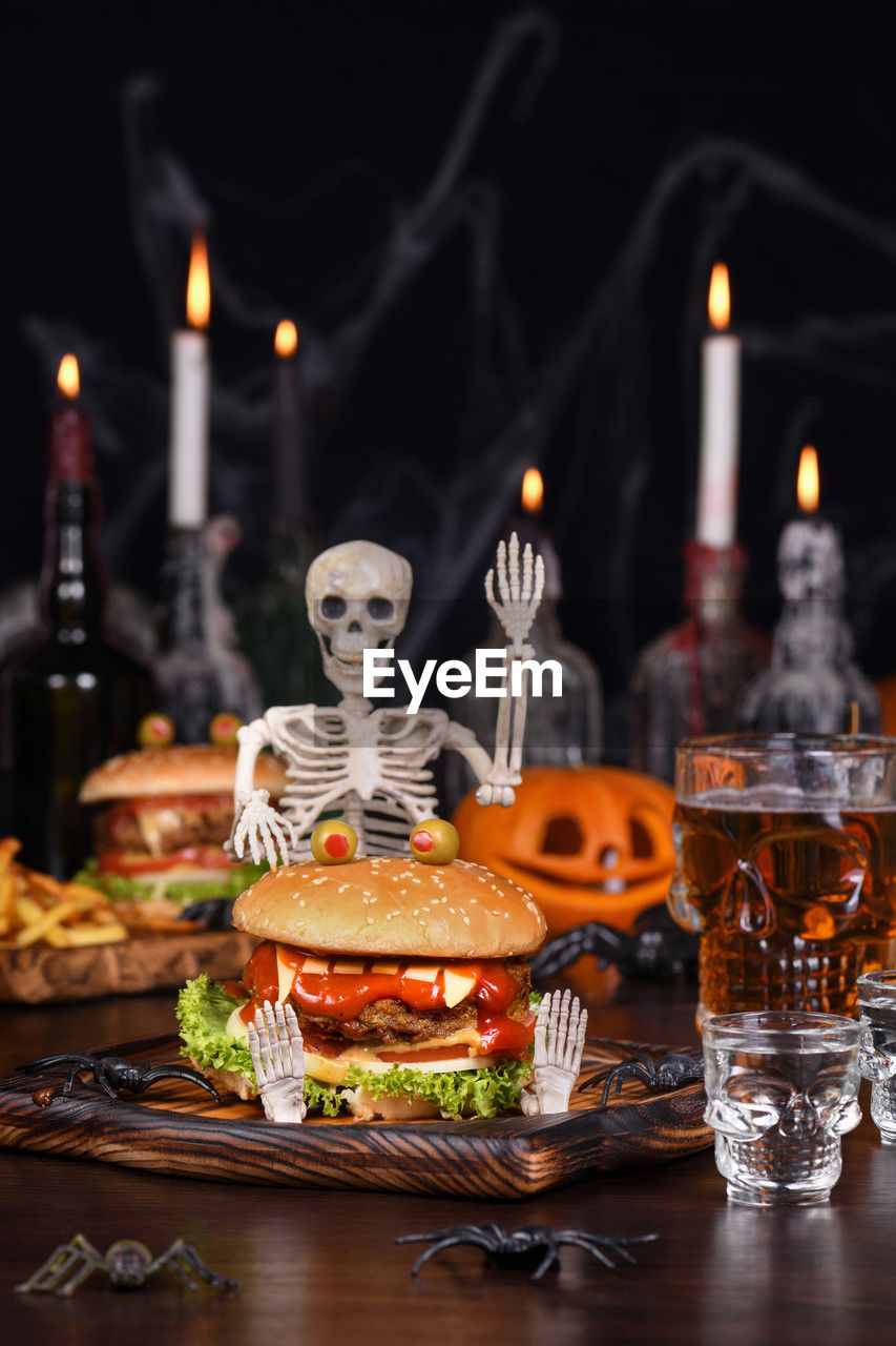 Monster burger on a sitting skeleton will definitely lift your spirits and is the halloween part