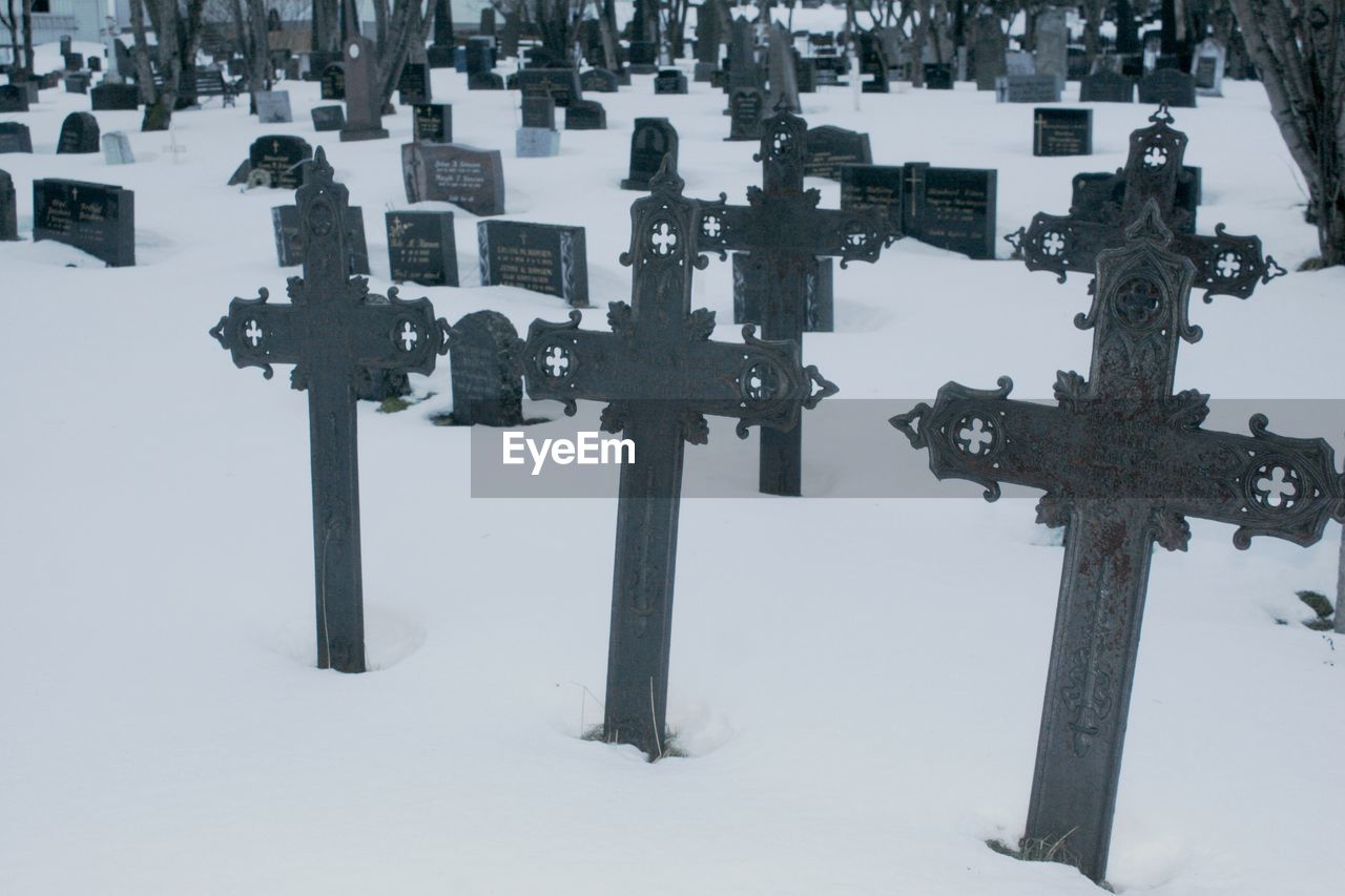 HIGH ANGLE VIEW OF CEMETERY ON SNOW