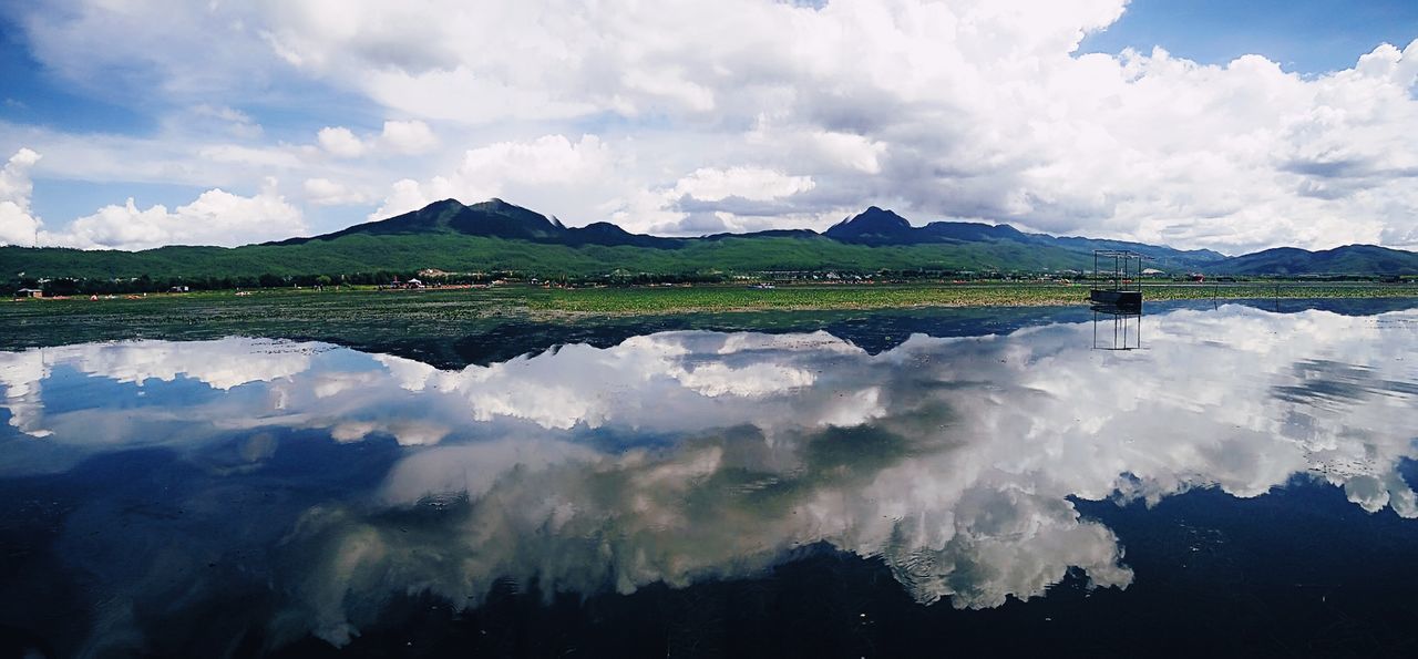 PANORAMIC VIEW OF LAKE BY MOUNTAINS AGAINST SKY