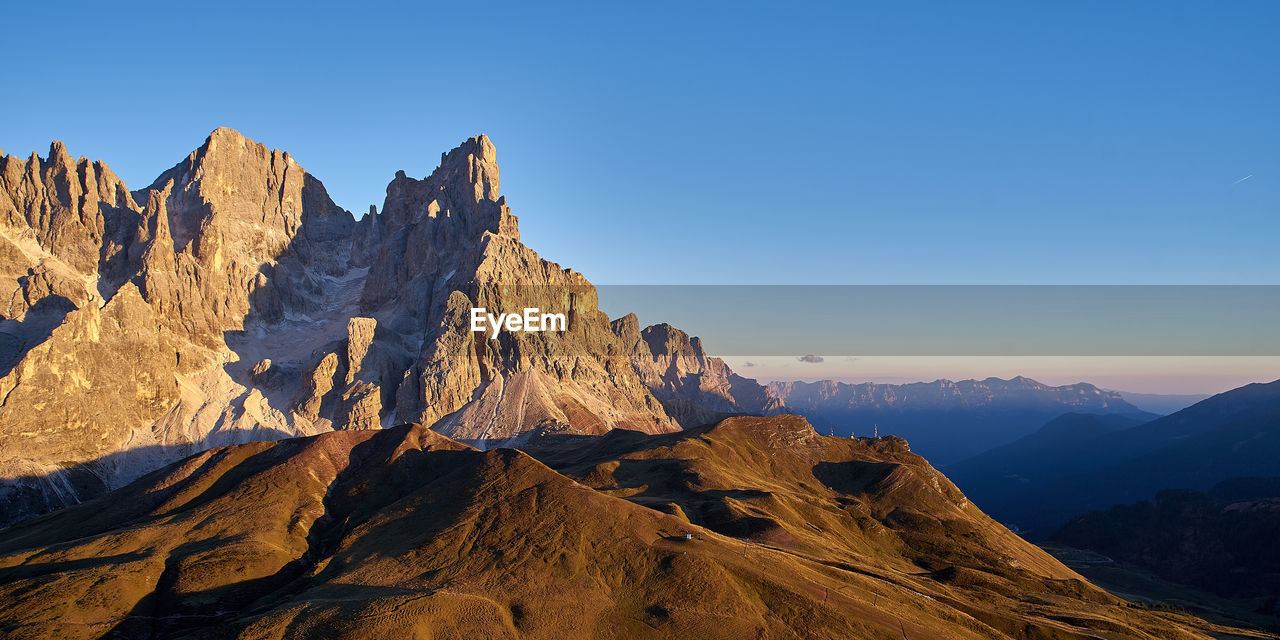 Panoramic view of rocky mountains against clear sky