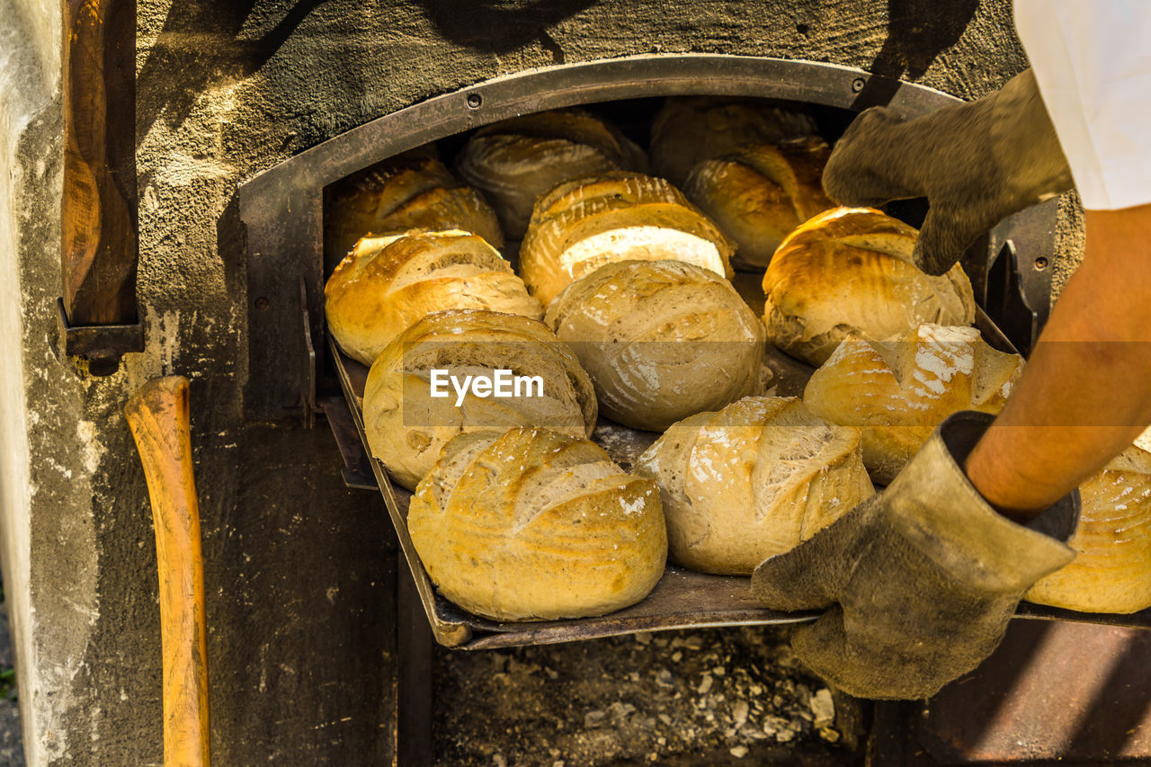 Freshly baked bread on a baking tray