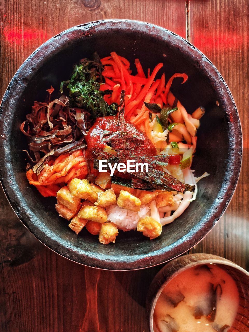 High angle view of korean food in bowl on table