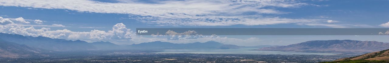 Panoramic Landscape view from Travers Mountain of Provo, Utah County, Utah Lake and Wasatch Front Rocky Mountains, and Cloudscape. Utah, USA. Cloudscape Provo Utah USA Utah Landscape Mountain Protection Rocky Mountains Timpanogos Utah Lake