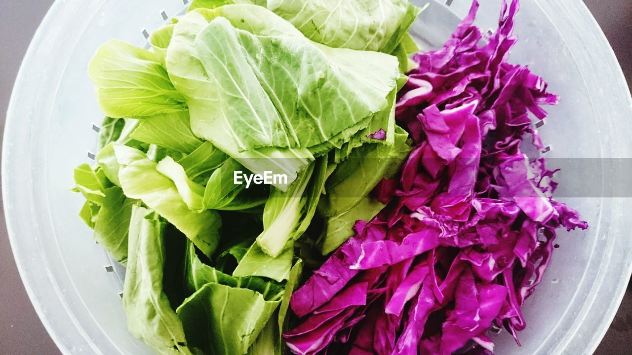 HIGH ANGLE VIEW OF CHOPPED LEAVES AND VEGETABLES ON PLATE