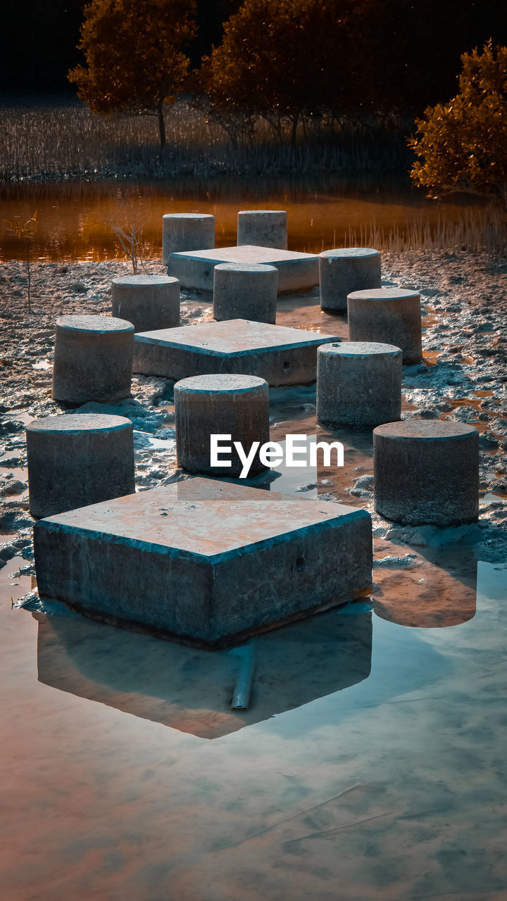 High angle view of stacked on table