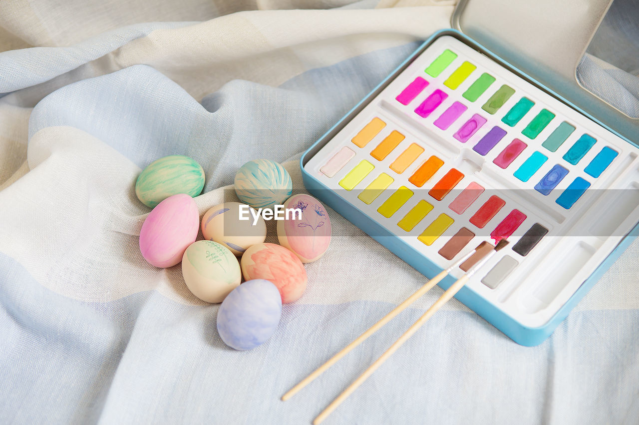 Painted colorful easter eggs that are painted with watercolor paint. hand-painted