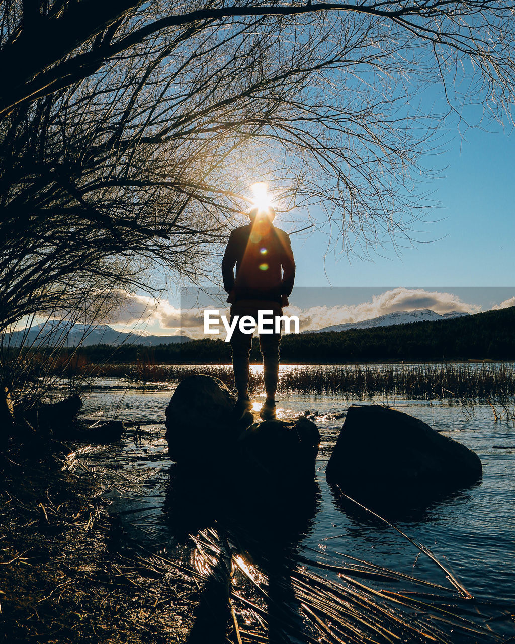 Rear view of silhouette man standing on rock in river during sunny day