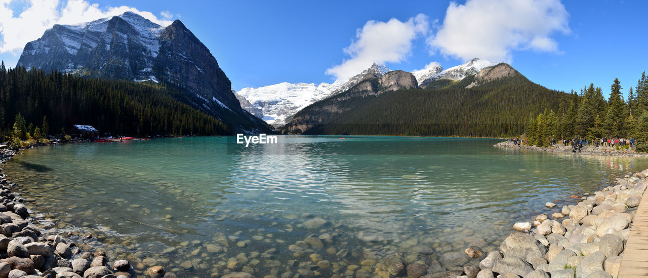 Scenic view of lake and mountains against sky