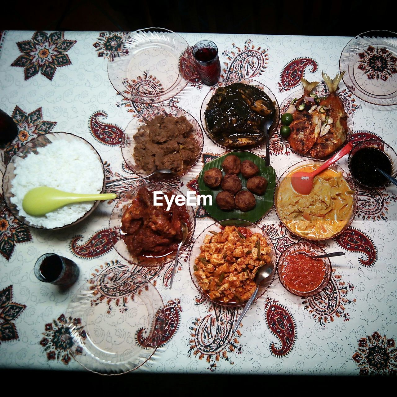 Close-up overhead view of food on table