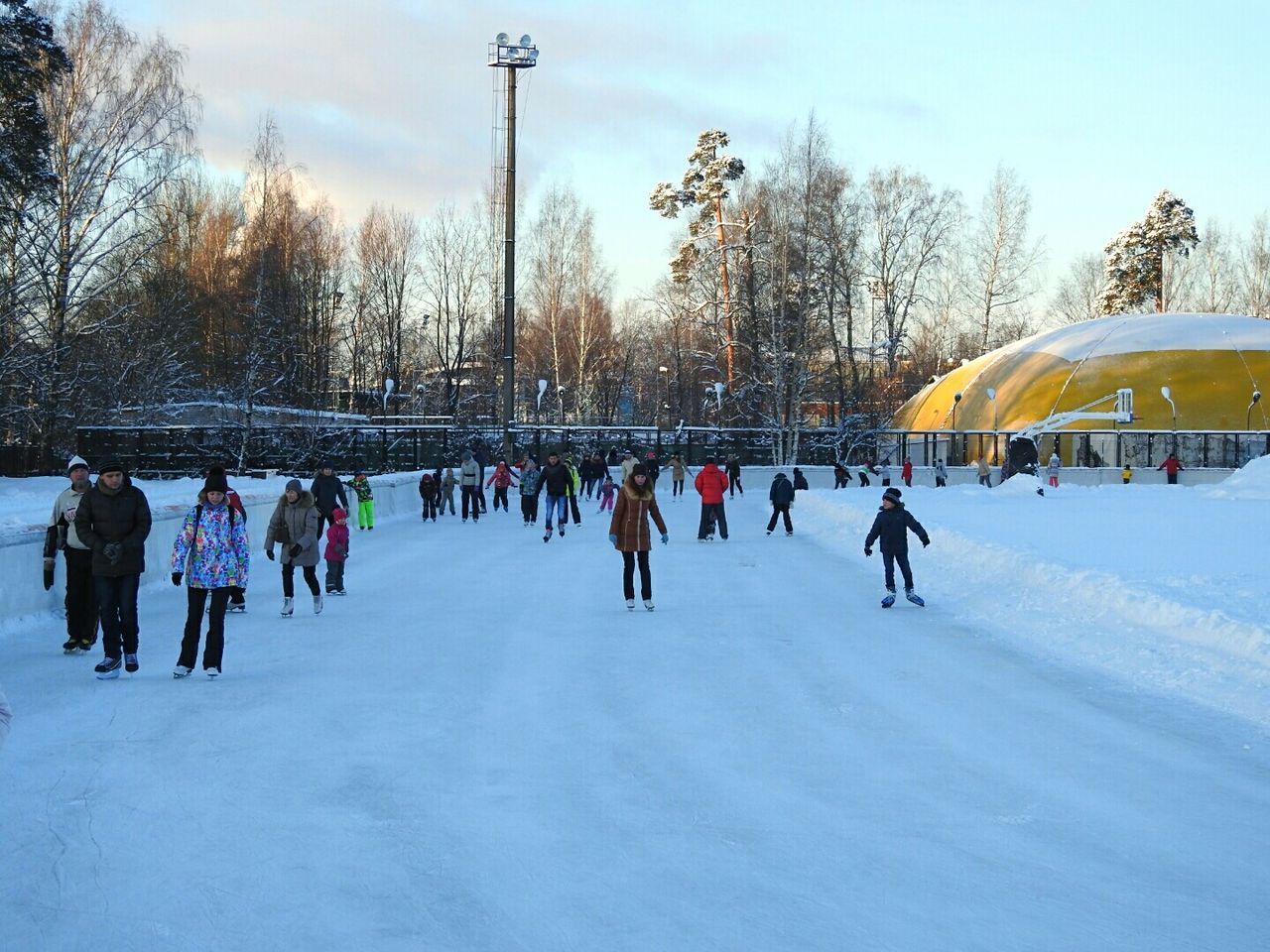 PEOPLE ON SNOW COVERED TREES AGAINST SKY