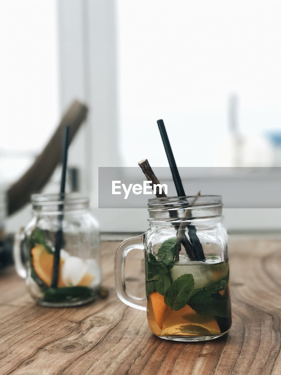 Close-up of drink in jar on table