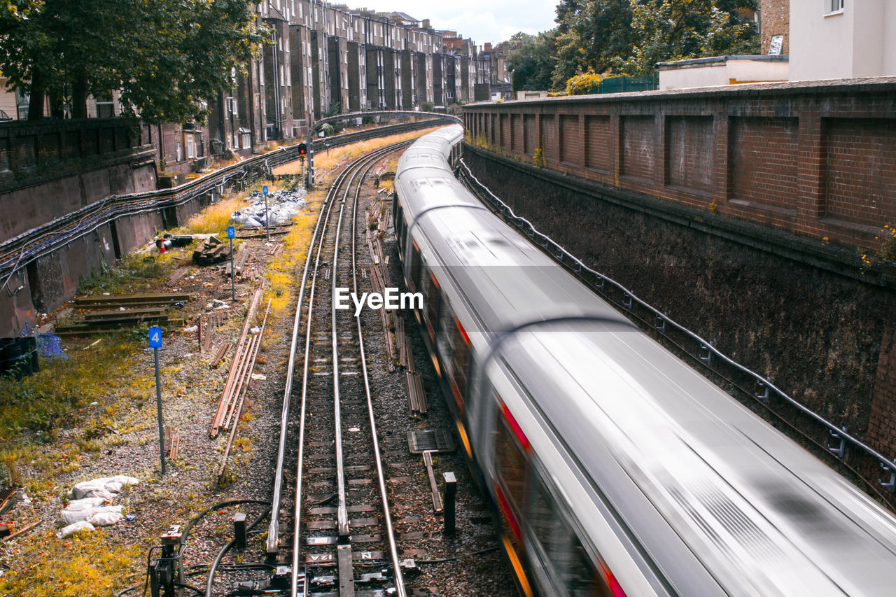 High angle view of train on railroad tracks