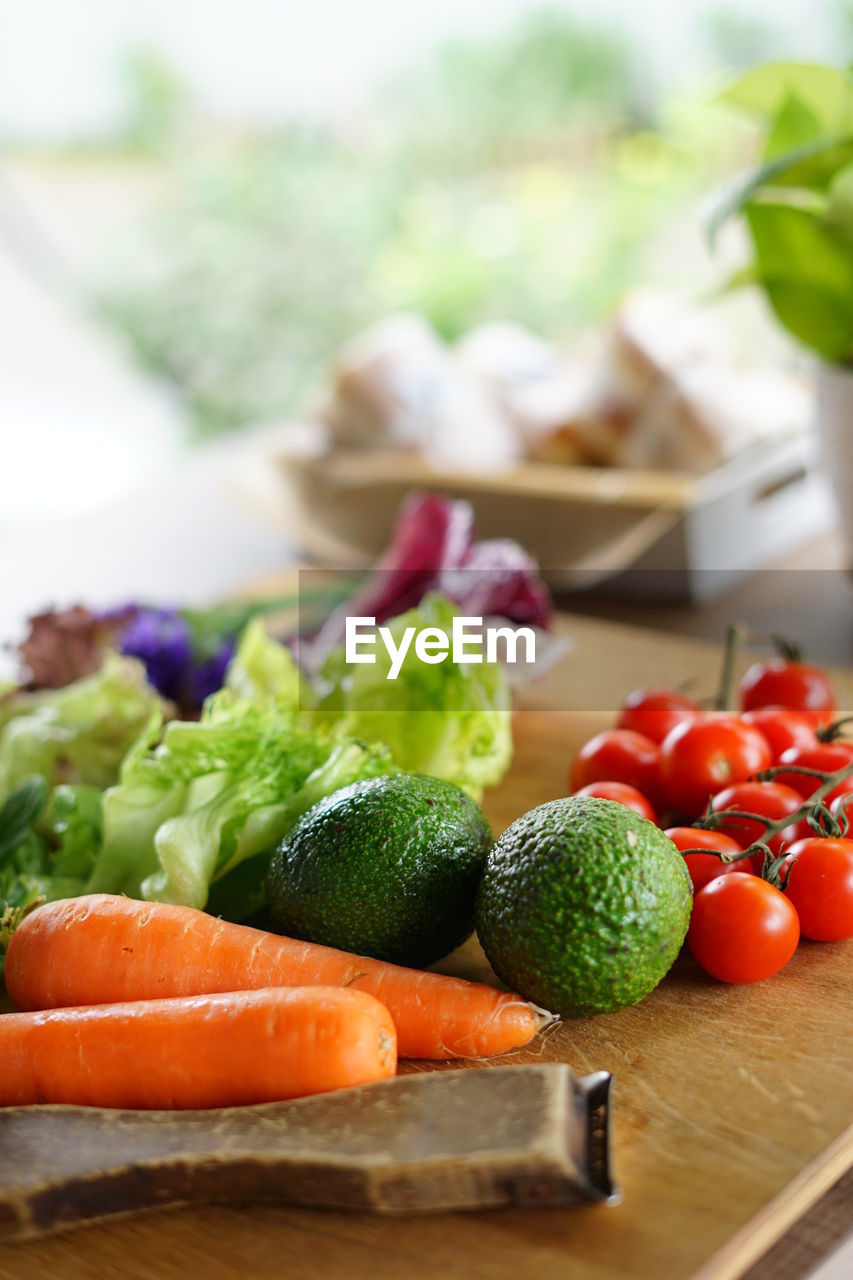 High angle view of fruits and vegetables on table