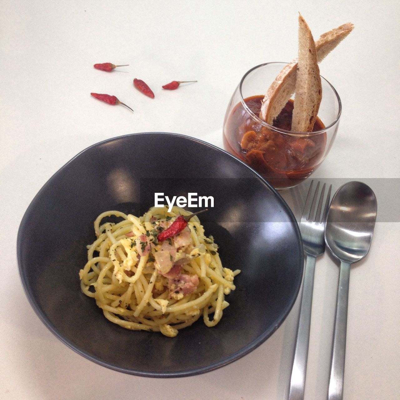 High angle view of bohemian ham pasta in bowl on table