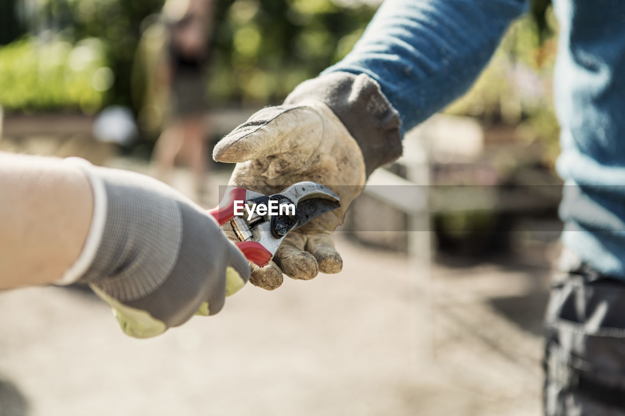 Cropped image of woman giving pliers to man at community garden