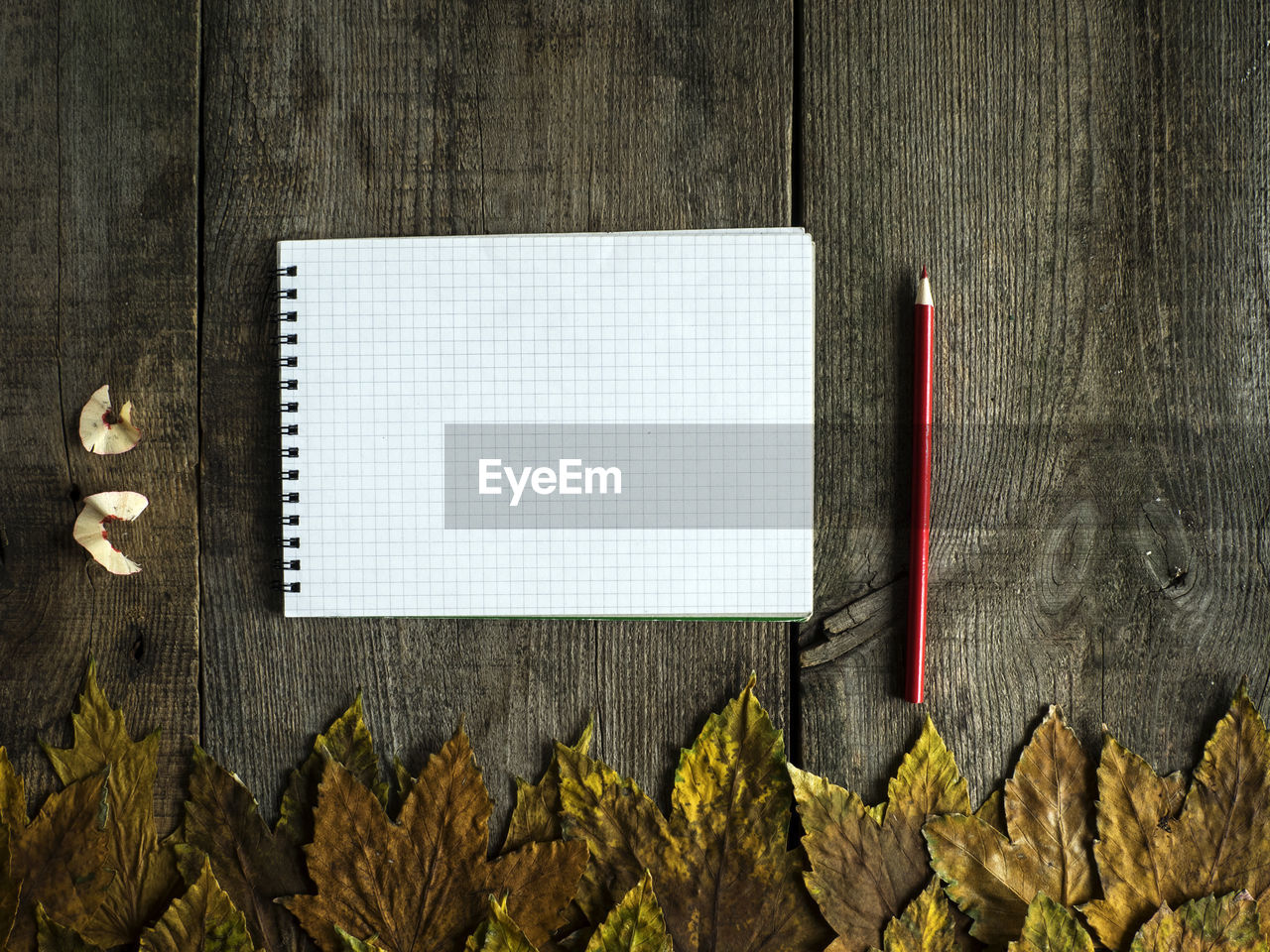 Directly above shot of spiral notebook with maple leaves on old wooden table