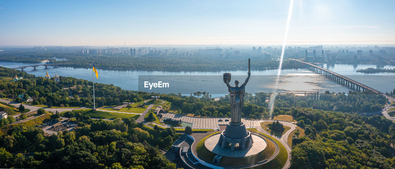 Aerial view of the mother motherland monument in kiev.