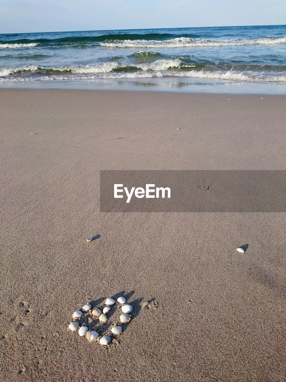 Seashells arranged in heart shape on beach