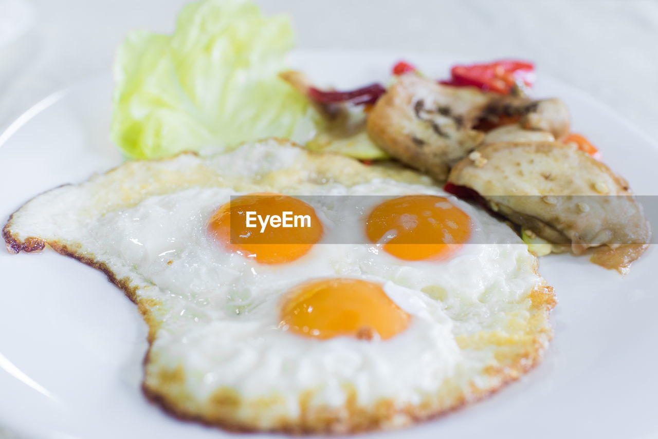 CLOSE-UP OF FRESH BREAKFAST SERVED IN PLATE WITH SAUCE