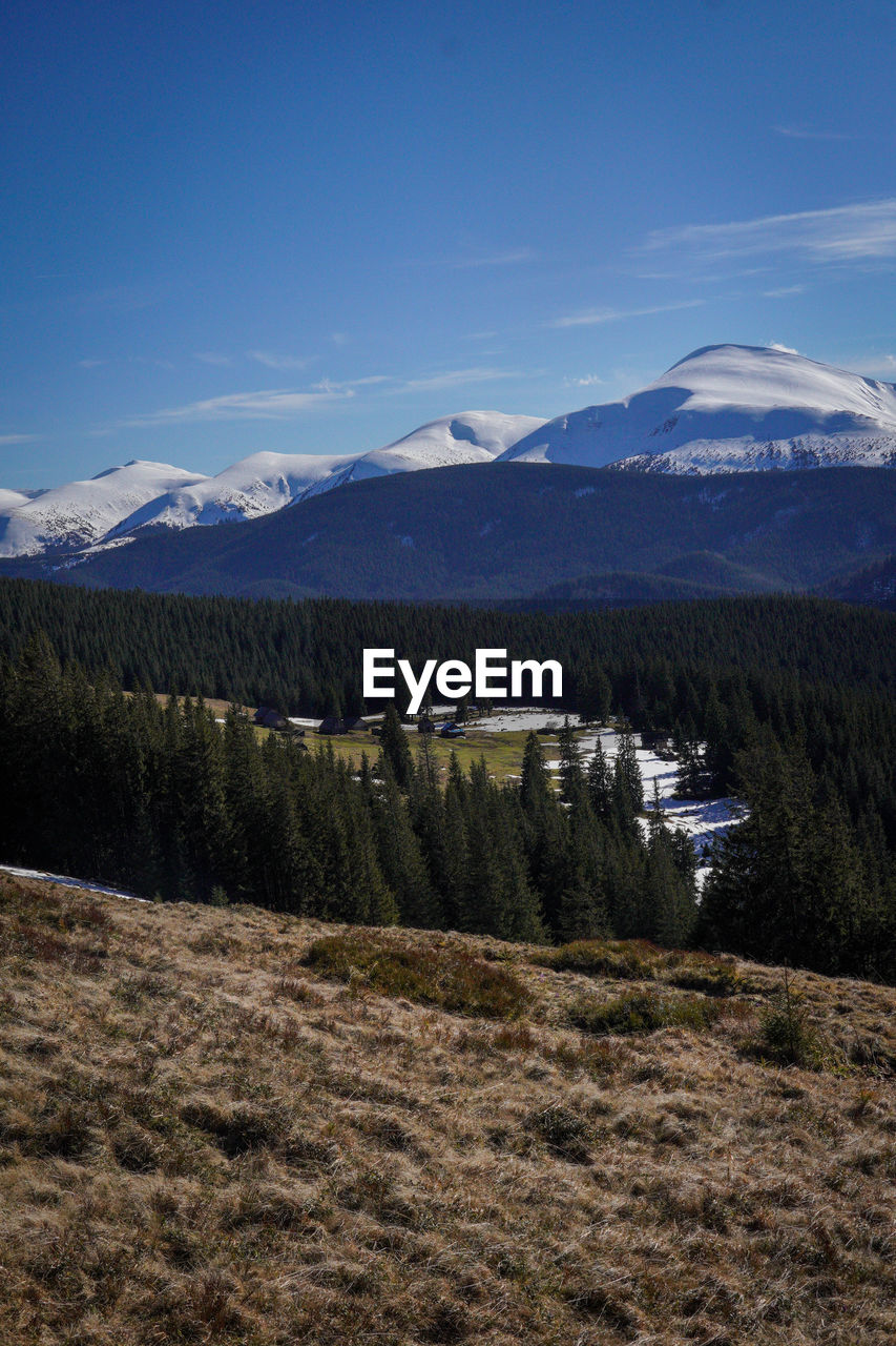 mountain, scenics - nature, environment, sky, landscape, beauty in nature, snow, wilderness, plant, nature, land, mountain range, winter, cold temperature, tree, tranquil scene, no people, tranquility, non-urban scene, ridge, snowcapped mountain, cloud, lake, plateau, travel destinations, travel, day, blue, outdoors, idyllic, coniferous tree, forest, pinaceae, grass, pine tree, tourism, remote, field