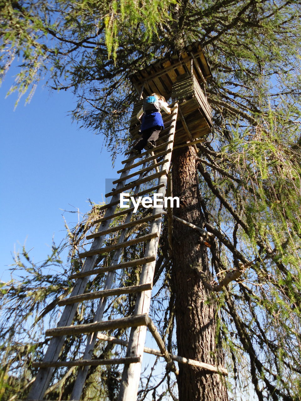 Low angle view of woman climbing ladder of observation point