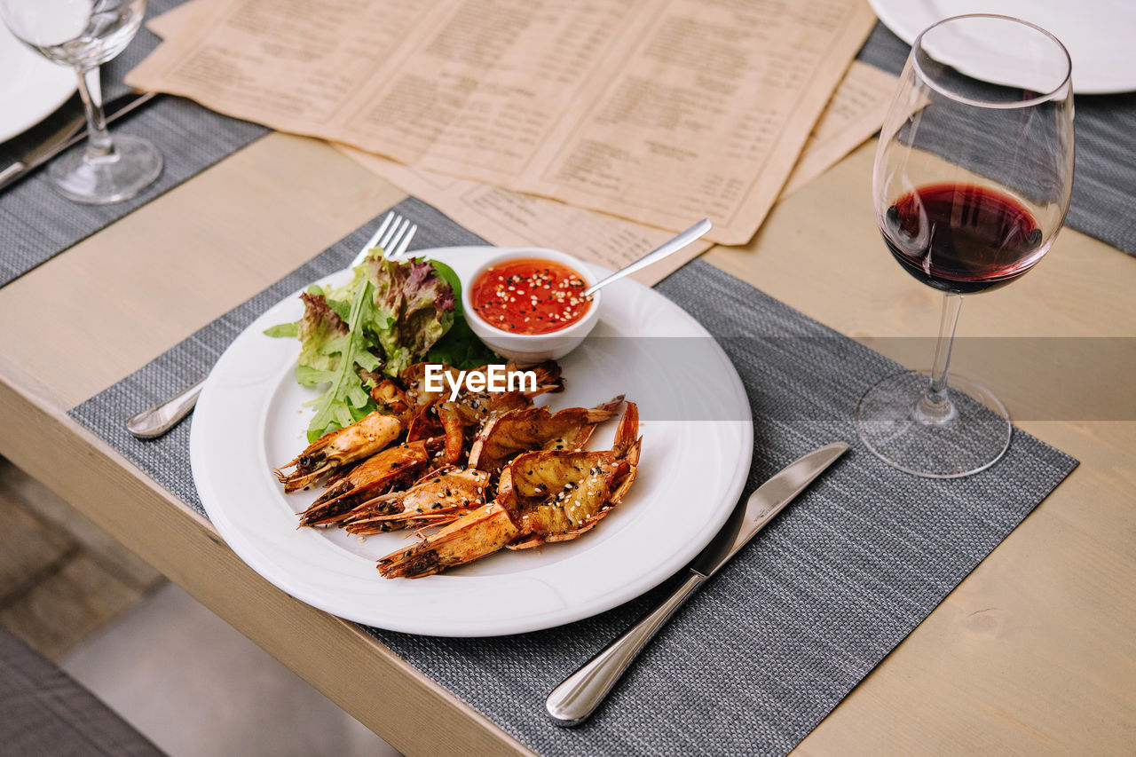high angle view of food served in plate on table