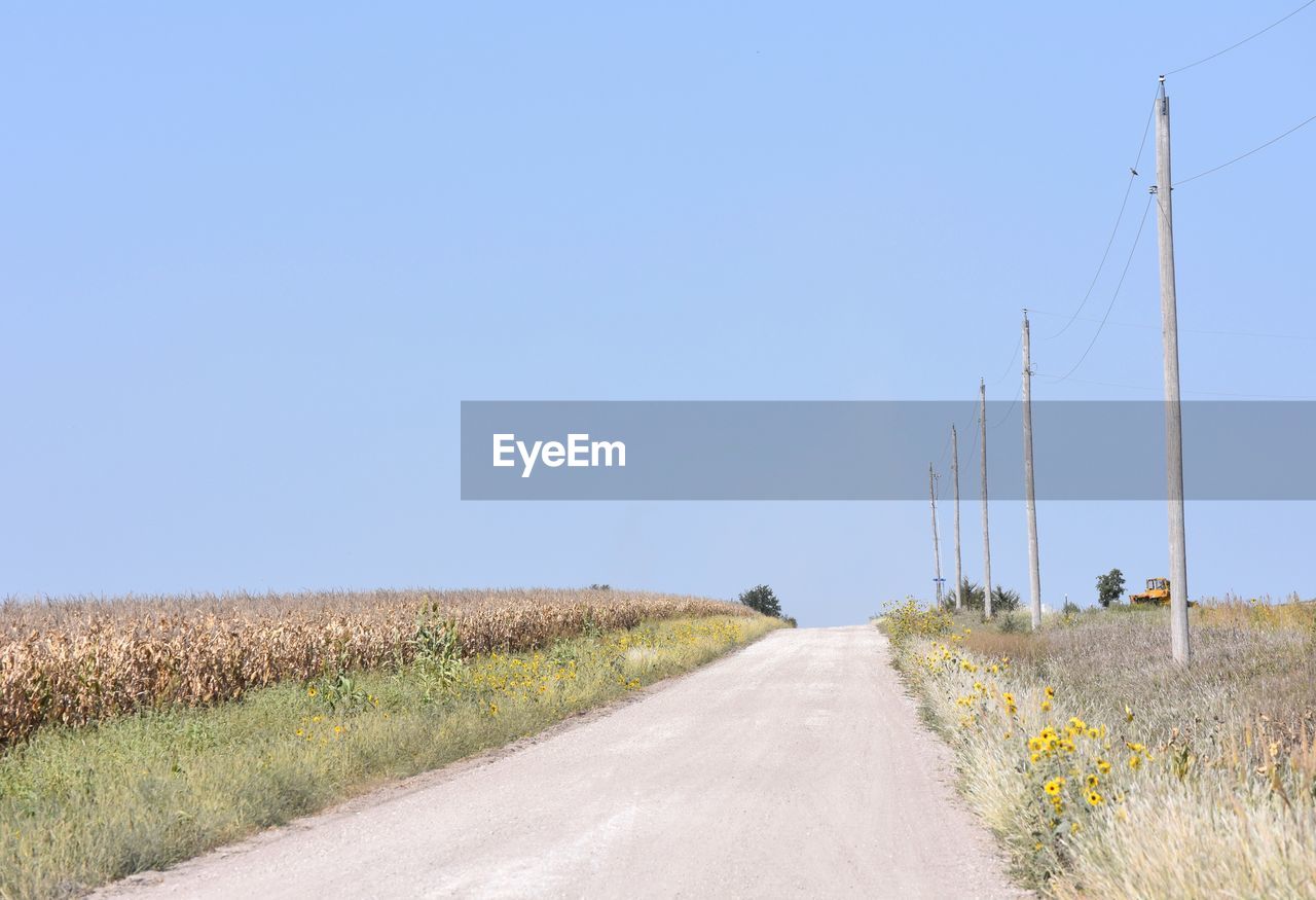 ROAD PASSING THROUGH FIELD AGAINST CLEAR SKY