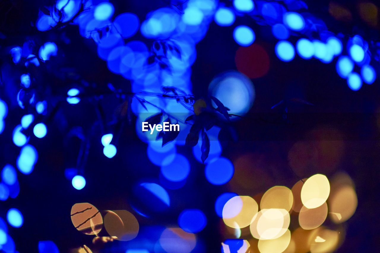Defocused image of christmas lights hanging on tree at night