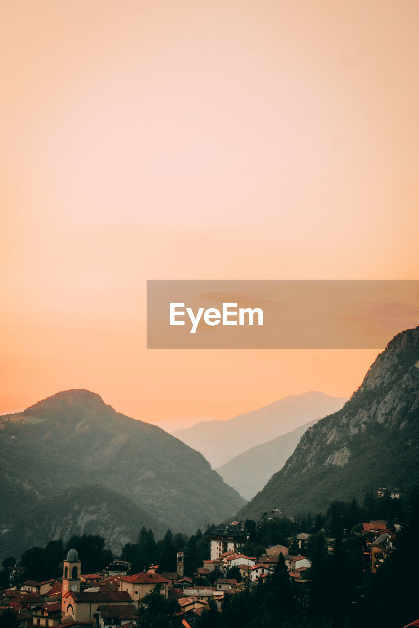 Scenic view of mountains against sky during sunset