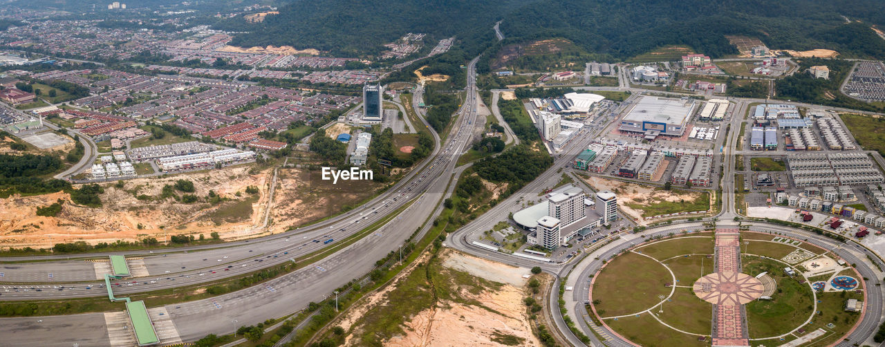 High angle view of city street and buildings