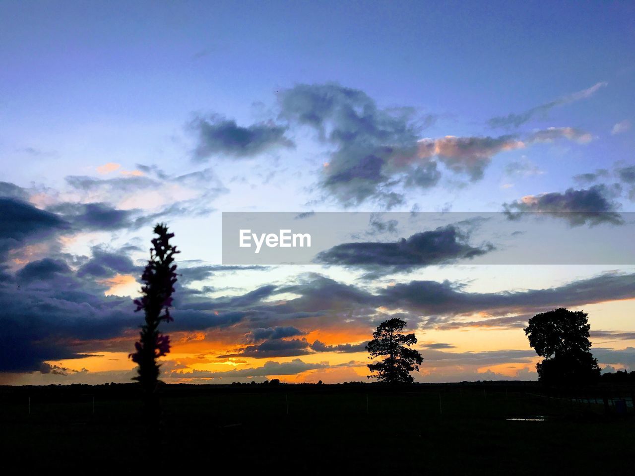 SCENIC VIEW OF SILHOUETTE FIELD AGAINST SKY AT SUNSET