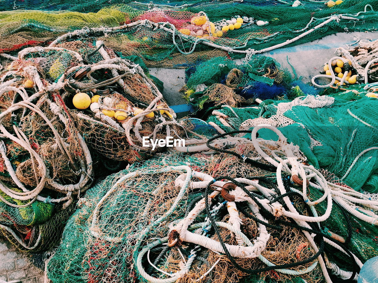 Vibrant fishing net at harbor